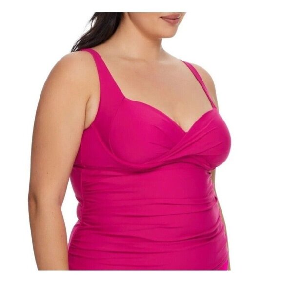 Birdsong Plus Size 20W‎ Hibiscus Shirred Ruched Underwire Tankini Swim Top Pink - Picture 4 of 12